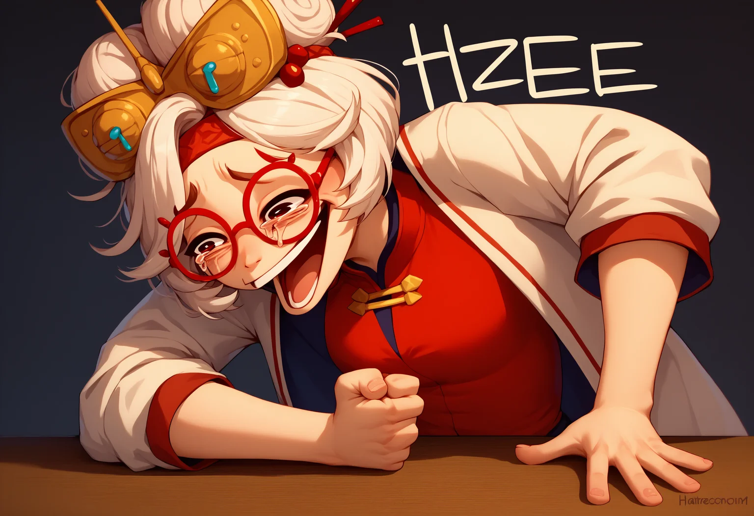 score_9, score_8_up, score_7_up, 1girl, Wheeze, open mouth, tears, laughing, <lora:Wheeze_XLPD:1>, hand on table, english text, clenched hand, <lora:purah-pdxl-nvwls-v1:0.8> purah, hair ornament, red headband, red glasses, sleeveless shirt, white coat,