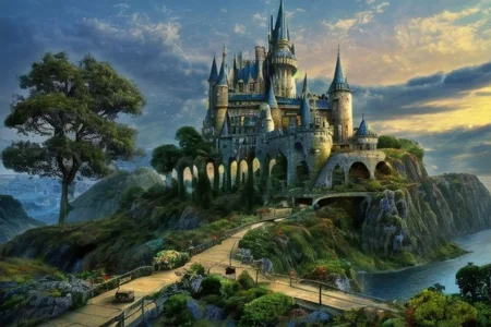 (masterpiece:1.2), (best quality,:1.2), 8k, HDR, ultra detailed, ((photorealistic)), professional light, cinematic lighting, fashion photography, ambient lighting, <lora:detail_slider_v4:2>, A Tall And Beautiful Castle In An Animated Fairy Tale Background, sunset<lora:FeyAndFairies-10:1>, style-sylvamagic, epiCPhoto,bad-picture-chill-75v