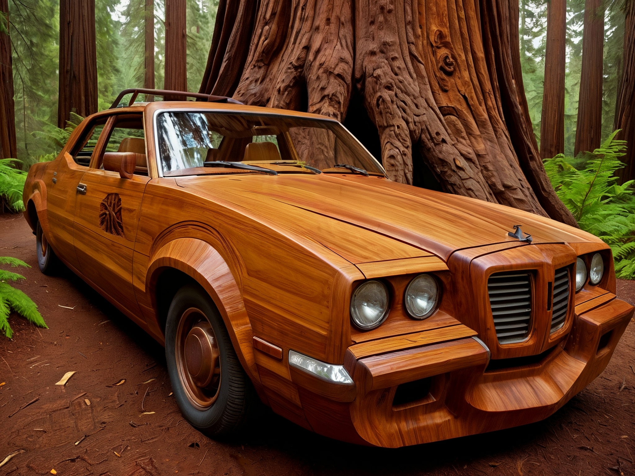 award winning photo, 

A car carved from the trunk of a Redwood tree, made from a Redwood tree, made entirely from a Redwood tree, accurate in every detail,