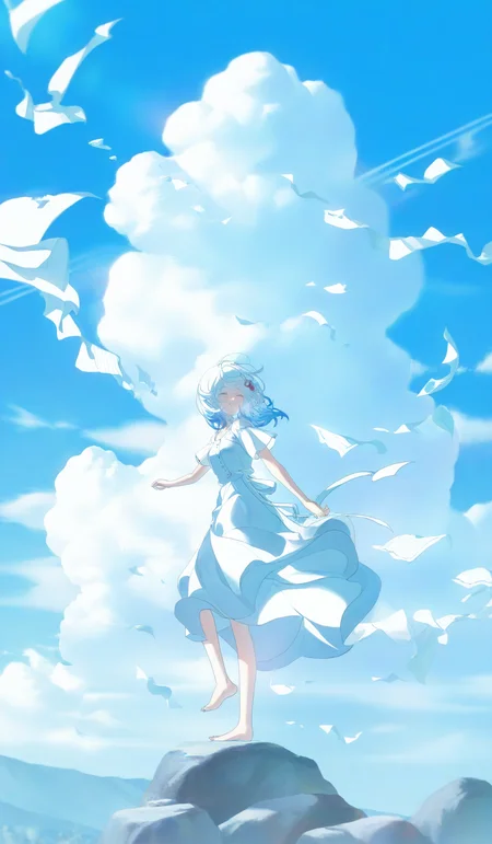 <lora:konya666 (5):1>,highres,absurdres,newest,very awa,masterpiece,best quality,year 2024,
\,
SenSen,1girl,solo,dress,white dress,barefoot,outdoors,sky,standing,paper,short sleeves,rock,day,blue hair,standing on one leg,flying paper,blue theme,white hair,blue sky,full body,scenery,cloud,wide shot,hair ornament,short hair,long hair,smile,