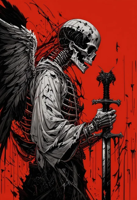 (score_9, score_8_up), score_7_up, zPDXL, solo, 1boy, meditating, monk, no humans, holding large sword, side view, looking at viewer, looking down, glowing, robot, skull, ribs, skeleton, damaged, bone, feathered wings, black and red theme, limited palette, black and red theme, monochrome, greyscale   <lora:GRIM_v1:0.9>