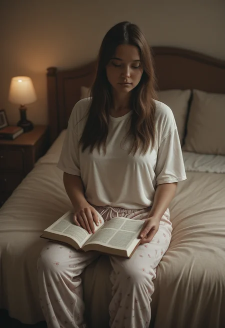 best quality,amazing quality,very aesthetic,absurdres,masterpiece,, realistic, professional cinematic film still, film grain, haze, bedroom, afternoon light,large windows. Candid, 1 girl, thick, long hair, sitting, bed, against pillows, relaxed, reading a book, cluttered rustic, ornate, bedroom, long white tshirt, pajama pants