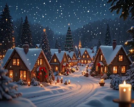 score_6_up,score_5_up,score_4_up, masterpiece, best quality, very aesthetic, life-like, photograph, real place, actual location, New England town, detailed textures, bright colors, natural light, ultra HD, fine details, soft background blur, <lora:Wolvies_Christmas_Village_STYLE_v241215.0040:1> xmas_village, holiday, Christmas, scenery, night, winter, Christmas tree, lamppost, a small village at (night:1.1), at Christmas time, with candles in the windows, snow covered, falling snow, cozy look at feel, cheery, incredible quality, highly realistic, incredible detail, 32k, complex, photographic quality, masterpiece, best quality, very aesthetic, 1700s, cottage, storybook architecture, Thomas Kinkade style, shimmering lights, brilliant colors