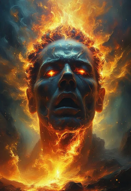 Capture the overwhelming power of hell fire in a tremendous awesome digital art work, majestic, energetic, emotion, awesome Quality, reflecting, luminescent, translucent, Ethereal, Neural, Aura,(random ambient:1.3), very detailed, masterpiece, light beams, dusty, very sharp image, dramatic low lit,back lit, oil painting, advntr