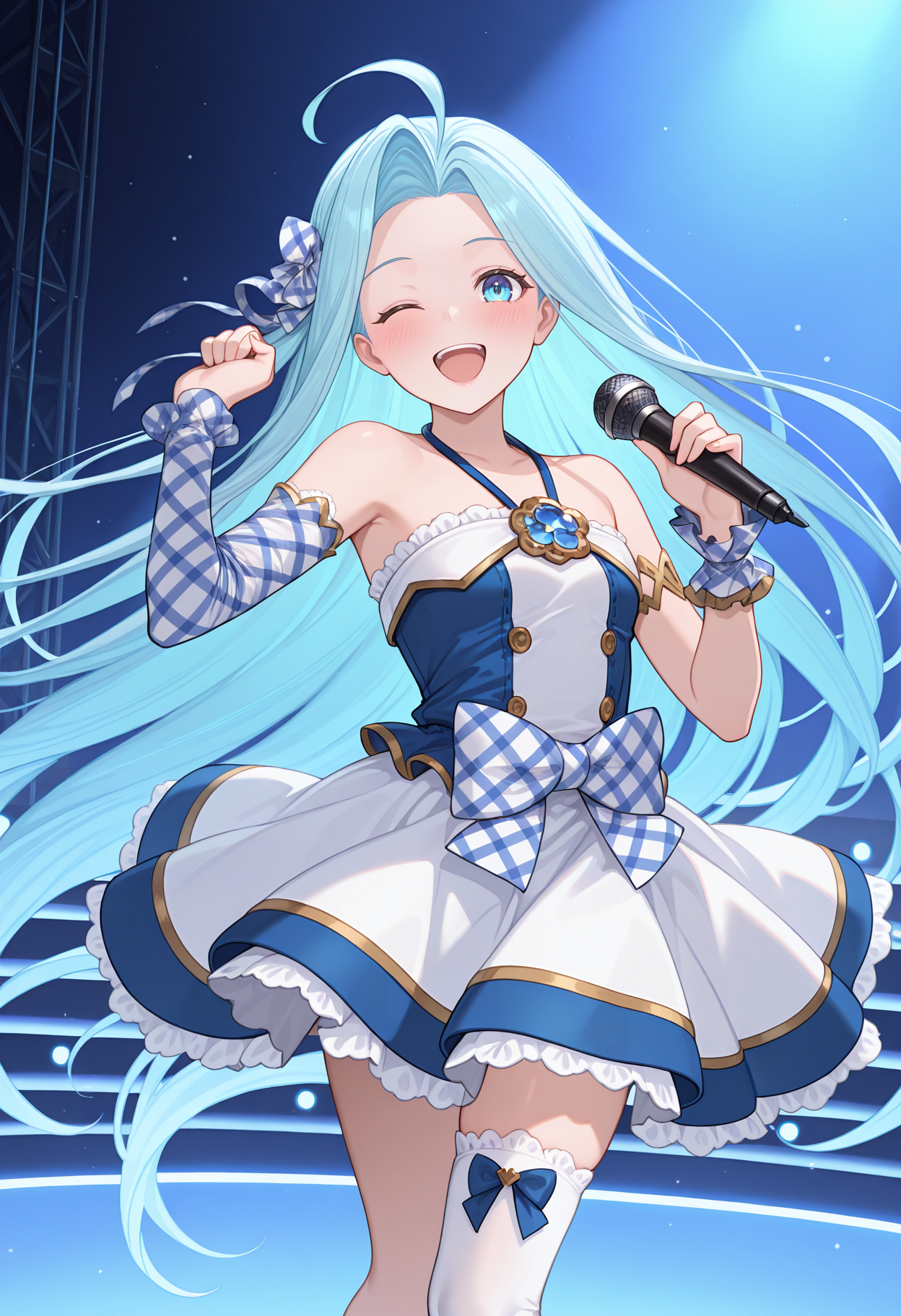 highres, best quality, masterpiece, stage,
1girl, solo, gbfluria, light blue hair, very long hair, ahoge, blue eyes,
lyridlf, hair ribbon, bare shoulders, halterneck, sleeveless shirt, two-tone shirt, two-tone dress, white dress, blue dress, jewelry, buttons, plaid, bow, frills, detached sleeves, asymmetrical sleeves, plaid sleeves, wrist cuffs, single thighhigh, asymmetrical legwear, bow legwear,
looking at viewer, blush, smile, open mouth, one eye closed, 
dancing, stage, holding microphone, outstreched hand,
<lora:_lyria-elesico-ilxlC:1>