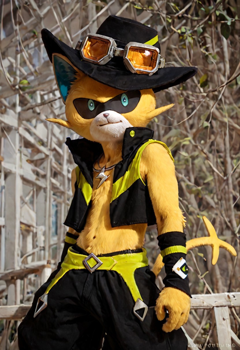 score_9, score_8_up, score_7_up, 8k, hd, photo, realistic, live-action, wild boy, yellow body, blue eyes, cat, cowboy hat, goggles, baggy pants, wrist sweatbands, cat, solo, 1boy, furry, furry male, :3