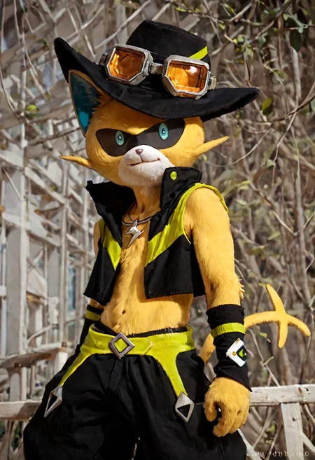 score_9, score_8_up, score_7_up, 8k, hd, photo, realistic, live-action, wild boy, yellow body, blue eyes, cat, cowboy hat, goggles, baggy pants, wrist sweatbands, cat, solo, 1boy, furry, furry male, :3