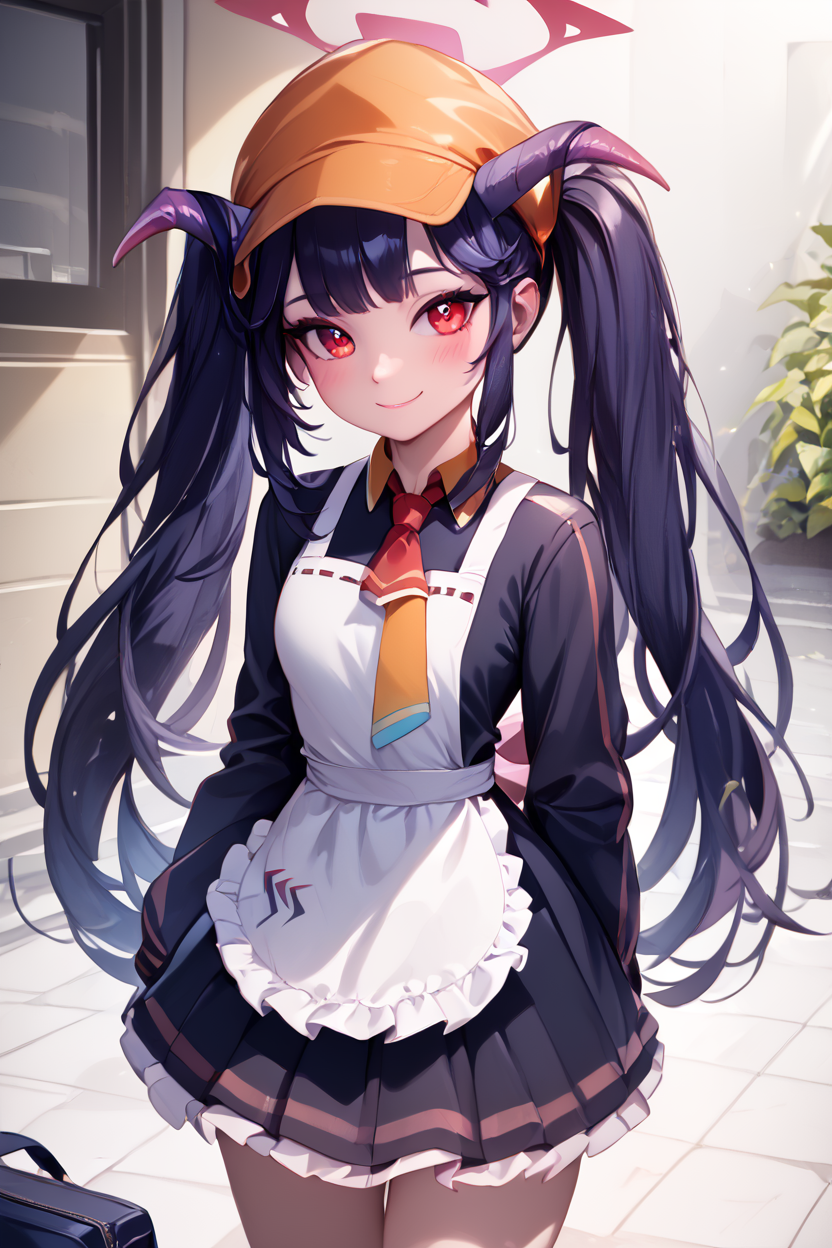 score_9, score_8_up, score_8, medium breasts, (curvy), cute, eyelashes,       BREAK, , ,,, zzFuuka, red eyes, black hair, long hair, horns, halo, demon horns, twintails black dress, white apron, frilled apron,  orange headwear, school uniform, necktie,  <lora:Fuuka_BlueArchive_PDXL:0.8>,   ,,,, BREAK, closed mouth, alternate costume, smile, looking at viewer, collared shirt, blush, sweater, black skirt, eyelashes, long sleeves, sleeves past wrists, plaid skirt, shoulder bag, black bag, blurry, tile floor, pleated skirt, white shirt, cowboy shot, ,,, embedding:zPDXL, Expressiveh, ,,, <lora:Vivid:0.7>, <lora:LFashionPDXL:1>, <lora:Uncensored_PonyXL_cpt_v02.09:0.4>, <lora:Expressive_H-000001:0.4>,