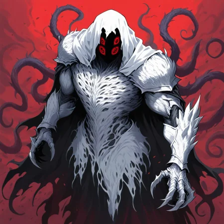 1male,solo,eldritch abomination, muscular,white skin,multiple eyes,claws,sharp fingernails,no mouth,full armor,plate armor,shoulder armor,cape,red background,horror (theme),masterpiece, high score, great score, absurdres