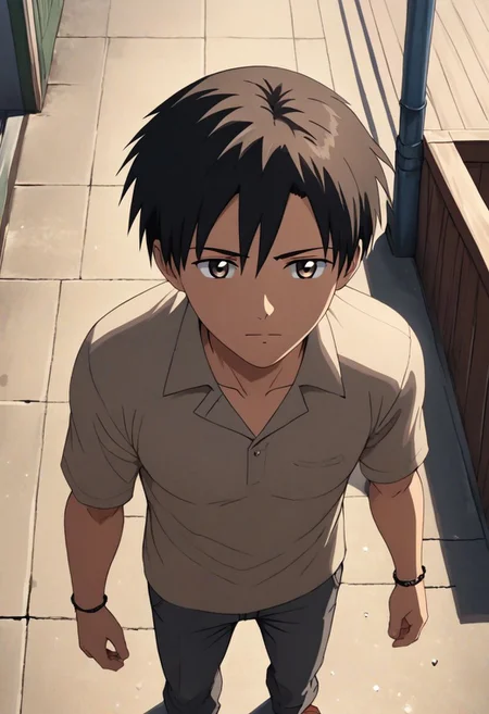 high resolution, solo, best quality, 1Boy, Takaki Toono, Brownish Hair, Brown Eyes, casual, seen from above, gangster, dominant, intimidate, OverallDetail