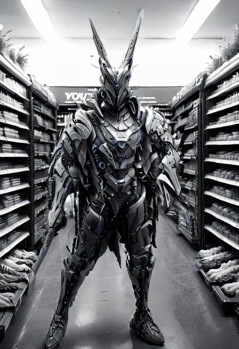 whitemold,3d printed mold,art style,greyscale,monochrome, front view, (supermarket:2), vegetables department, WHITE CYBORG WARRIOR, score_9, score_8_up, score_7_up, score_6_up, score_5_up, score_4_up, UHD, 8K, masterpiece, detailed, ultra_high_resolution, lots of detail, Ultra detailed photo realistic background, lots of detail, RED ILLUMINATED SWORD, cyberpunk, mad-hdwr, cyberpunk.
