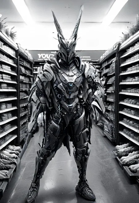 whitemold,3d printed mold,art style,greyscale,monochrome, front view, (supermarket:2), vegetables department, WHITE CYBORG WARRIOR, score_9, score_8_up, score_7_up, score_6_up, score_5_up, score_4_up, UHD, 8K, masterpiece, detailed, ultra_high_resolution, lots of detail, Ultra detailed photo realistic background, lots of detail, RED ILLUMINATED SWORD, cyberpunk, mad-hdwr, cyberpunk.