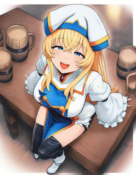 a drunk girl sitting on a table, open mouth, smile, half-closed eyes, from above, looking at viewer, hatching \(texture\), tavern, 
(priestess \(goblin slayer!\):0.7),blue eyes,long hair, blonde hair,white headwear,white dress,frilled sleeves, blue pelvic curtain,(black shorts:0.9),thighhighs,white boots, 
,,,,,,,,,,,,,,,,,,,,,,,,,,,,,,,,,,,,,,,,,,,,
masterpiece, absurdres, highres, 
 <lora:hirune_style_illustrious01_v2-000037:1>