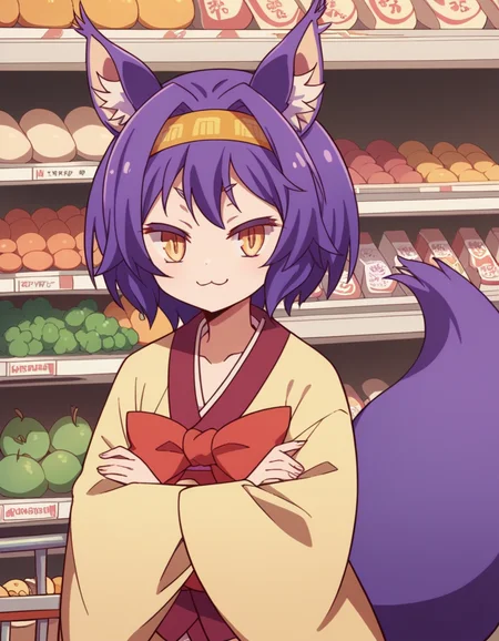 score_9, score_8_up, score_7_up, source_anime, <lora:izuna-hatsuse-s1-ponyxl-lora-nochekaiser:1>, izuna hatsuse, short hair, animal ears, purple hair, hairband, animal ear fluff, fox ears, slit pupils, yellow eyes,, bow, tail, japanese clothes, wide sleeves, kimono, fox tail, short kimono,, grocery store, shopping cart, picking fruits, everyday life, , smile, looking at viewer, crossed arms, smile, smug, solo,, cowboy shot, dutch angle