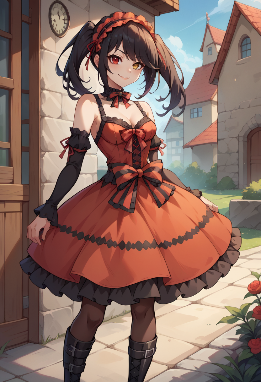 score_9, score_8_up, score_7_up, source_anime, KurumiBase, clock eyes, red eye, yellow eye, heterochromia, black hair, twintails, hairband, red dress, striped bow, frills, detached sleeves, frilled choker, black thighhighs, garter straps, lace-up boots, outdoors, standing, smirk, <lora:CHAR-TokisakiKurumiPonyXL:1>