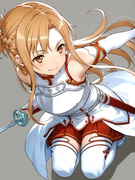 masterpiece,best quality,newest,
1girl,solo,
<lora:a_asuna_ilxl_v1:1>,a_asuna,brown eyes,a_clothes,a_sword,holding sword,
<lora:Fixhands_anime_bdsqlsz_V1:1>,white_background,simple_background,squatting,dynamic_angle,cinematic_angle,light_blush,looking ahead,arm_behind_head,smile,smirk,ready to draw,sheath,