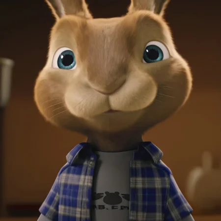 EB, Bunny, Male, 3D, blue eyes, CGI, detailed fur, 4K, plaid blue jacket, gray shirt, feral, best quality, high quality, absurd res, detailed,