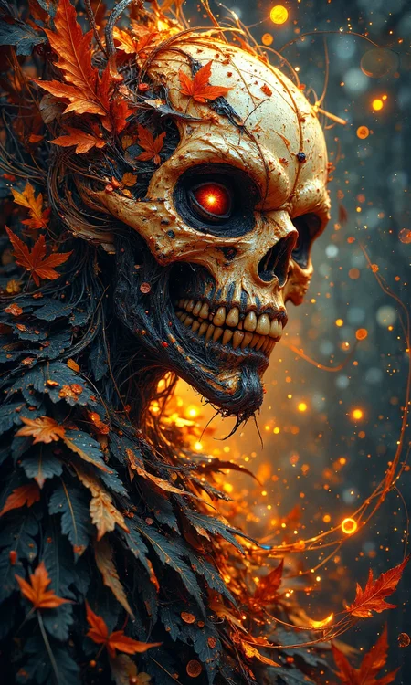 masterpiece, hyper realism, creepy eerie Jack-o'-lantern pumpkin side view, abstract background with geometric shapes, various circles blending, fractal designs, autumn leaves
