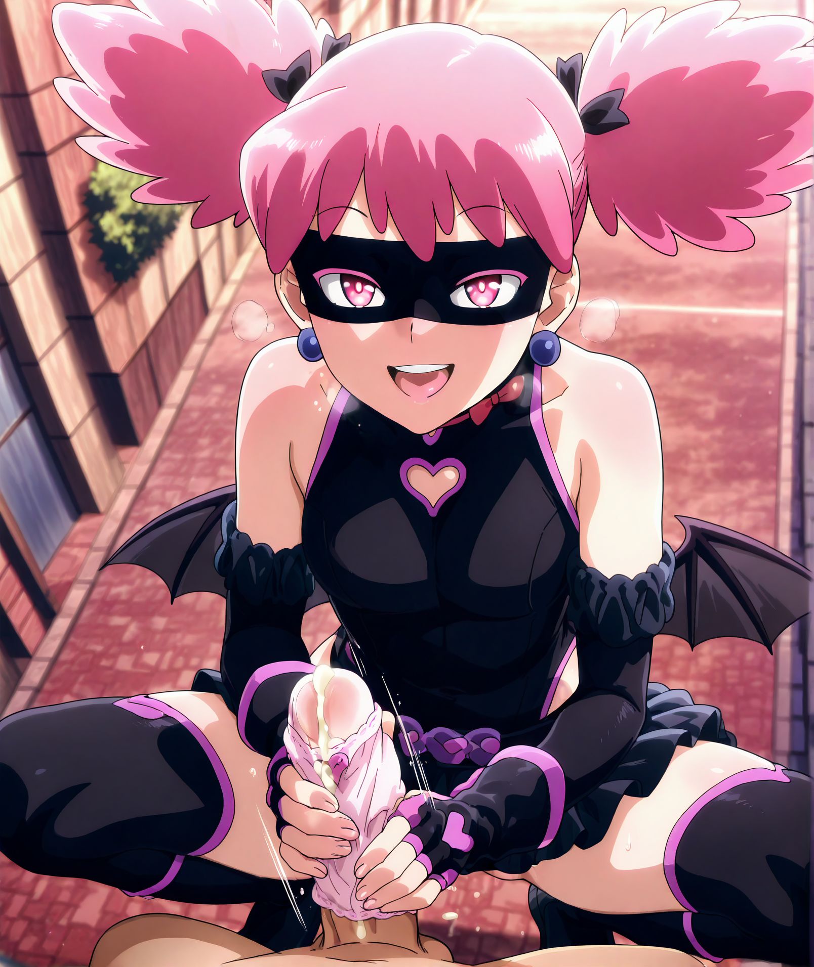 <lora:add-detail-xl:0.5>,,masterpiece, best quality, newest, absurdres, highres, detailed eyes, beautiful, detailed background, perfect eyes, anime coloring, anime screencap,
<lora:Holding_panties:0.3>Holding_pantiesV1,
1girl,underwear,panties,looking at viewer,  
 5fingers,1boy, hetero, squatting, upper teeth only, w
pussy, spread legs, pantyjob, panty on penis,
handjob, unworn panties, huge penis,
motion lines, motion blur,  naughty face,
handjob with both hands,heavy breathing, cum on panties, 
<lora:handjob_Reach-around:0.8>handjob_V1, (pantyjob),
panties handjob,
<lora:Kazuho_Haneyama_Pop_Step!-10:0.9>pop-step, pink hair, earrings, jewelry, wings, twintails,mask, pink eyes,  outdoors, 
mask, earrings, bare shoulders, gloves, domino mask,skirt,heart, clothing cutout, eye mask,  elbow gloves, leotard, sleeveless, bare shoulders,bat wings, fingerless gloves,
20YO, milf,adult,