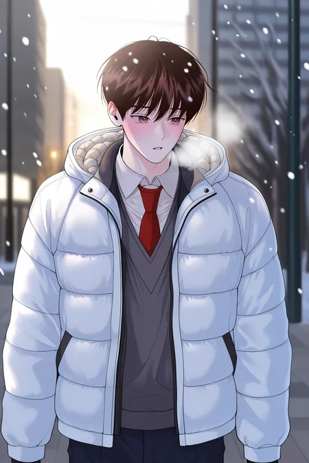 masterpiece, best quality, amazing quality, very aesthetic, high resolution, ultra-detailed, absurdres, newest, scenery, volumetric lighting, depth of field,anime screencap, , , 1boy, solo, male focus,<lora:yoil:0.88>,won yo il,dark brown hair,brown eyes,short hair,blush, shirt, long sleeves,standing, jacket, white shirt, upper body, outdoors, parted lips, open clothes, necktie, collared shirt, pants,white hood,breathing, looking at another,padded jacket,white jacket,hood down,  red necktie,grey sweater vest,snowing