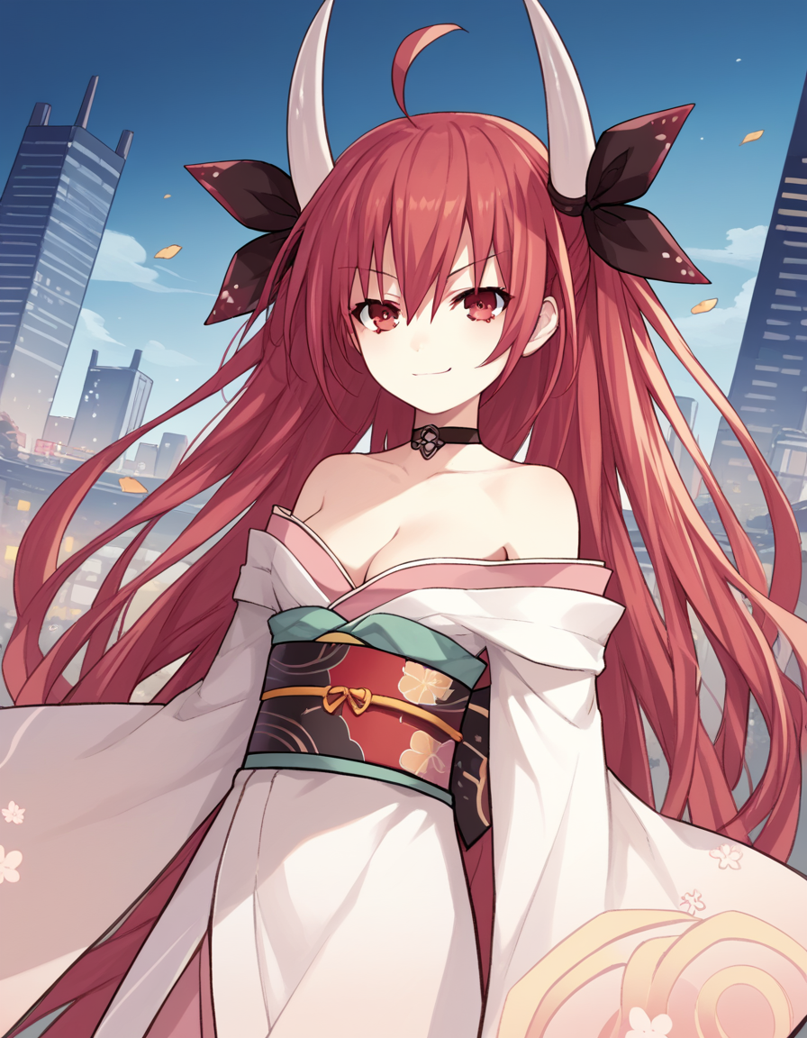 score_9, score_8_up, score_7_up, source_anime,
kotoriitsuka, <lora:kotori-itsuka-lightnovel-ponyxl-lora-nochekaiser:1>,
kotori itsuka, long hair, red eyes, very long hair, red hair, ahoge, ribbon, hair ribbon,
bare shoulders, japanese clothes, horns, choker, kimono, cleavage, wide sleeves, sash, obi,
cityscape, smile, smug,
looking at viewer, solo, cowboy shot, dutch angle,
