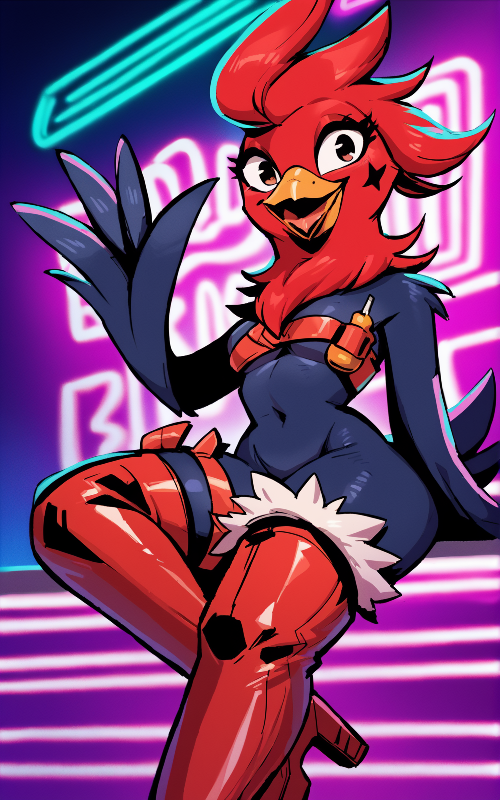 score_9, score_8_up, score_7_up,((best quality)), absurdres, <lora:BolivanteStyle:0.8>, <lora:CABPXL:0.8>,CABPXL,makeup, facial mark, neck fur, shoulder strap, red fur, black fur, furry female, red footwear, beak, red hair, thigh strap,boots, fur trim,neon lights, open mouth, tongue out, smile,pinup
