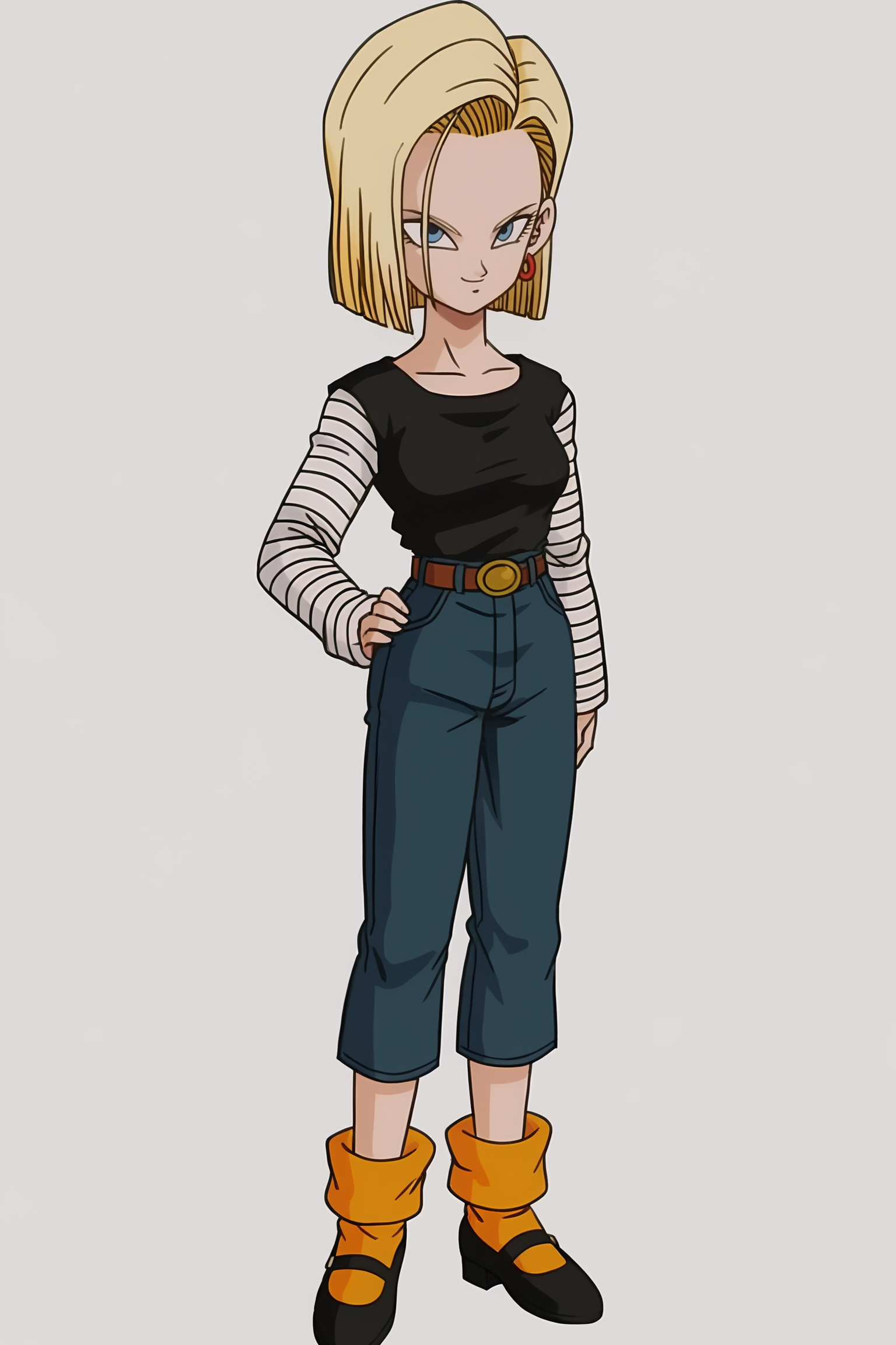 source_anime, score_9, score_8_up, score_7_up, anime screencap, absurdres,
android 18, buu saga, classic outfit w pants, 1girl, solo, breasts, looking at viewer, smile, short hair, blue eyes, blonde hair, simple background, shirt, long sleeves, white background, standing, full body, earrings, mary janes, loose socks, striped sleeves, belt, hand on hip, black shirt, denim, jeans, high-waist pants, gold earrings, white sleeves, arm by side, blue bottomwear, collarbone, black footwear, eyelashes, orange legwear, v-shaped eyebrows
 <lora:c18_v1:0.8>