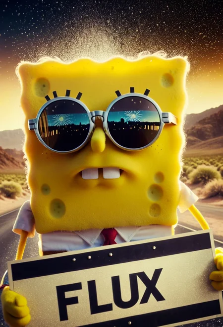 Holding sign that says "flux", floating dust particles, visible dust in light rays, vintage dusty atmosphere, cinematic quality, closeup, a glamour shot of SpongeBob, wearing sun glasses, scenery, glowing eye, wild mane, monochrome Sin City styled duotoned color graded, deep Blacks, very detailed, atmospheric haze, Film grain, cinematic film still, shallow depth of field, highly detailed, high budget, cinemascope, moody, epic, Like a DonMS4kur4XL blossom Rain but its ash,