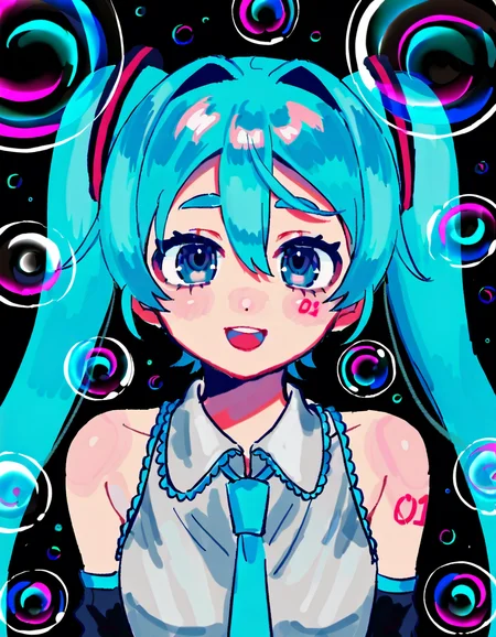 1girl, hatsune miku, solo, long hair, breasts, looking at viewer, blush, smile, open mouth, blue eyes, shirt, hair ornament, hair between eyes, bare shoulders, very long hair, twintails, blue hair, upper body, :d, small breasts, teeth, necktie, detached sleeves, sleeveless, collared shirt, aqua eyes, sleeveless shirt, upper teeth only, tattoo, aqua hair, hair intakes, thick eyebrows, black background, grey shirt, blue necktie, bubble, raised eyebrows, black sleeves, arm tattoo, shoulder tattoo, aqua necktie, number tattoo, tie clip, glitch <lora:iwonu_Noise_Injection:1>