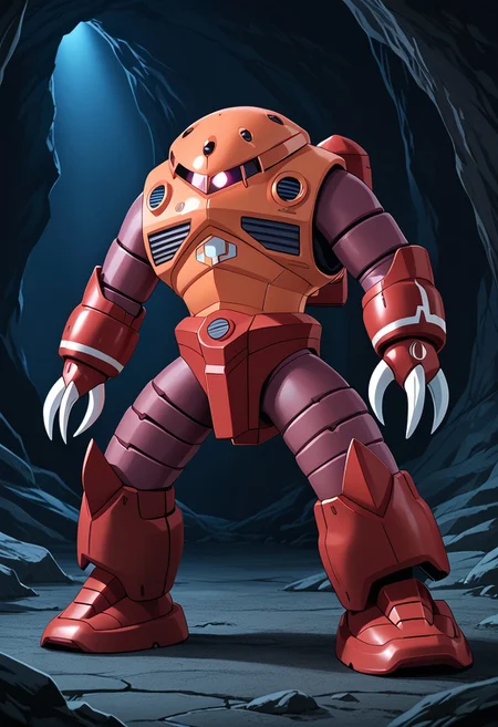 score_9, score_8_up, score_7_up, source_anime, cowboy shot, side view, BREAK, ( zgok, red_zgok_armor, pink monoeye, full body, looking at viewer, combat pose, ballast tanks on back, weathering, legs apart, 3 fingers, ) 1mech, mech focus, solo, BREAK, cave, dark background, rocky terrain, low light,
