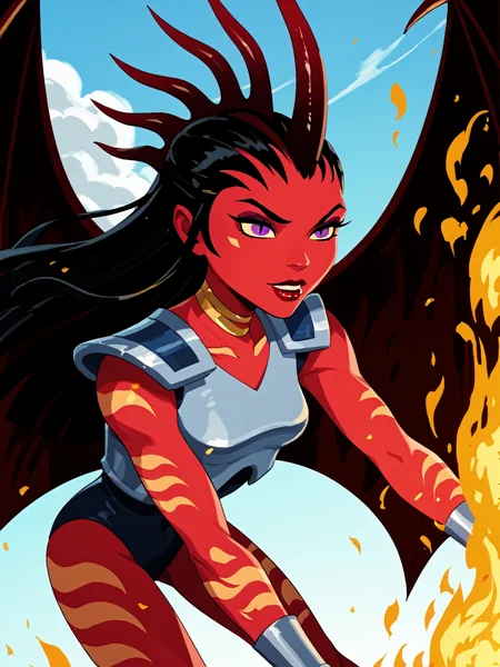 score_9, score_8_up, score_7_up, score_6_up, source_anime, Takinom, 1girl, demon girl, horns, black hair, long hair, purple eyes, makeup, lipstick, red skin, colored, tattoo, orange tattoo, neck tattoo, neck ring, arm tattoo, leg tattoo, armor, shoulder pads, breastplate, leotard, blue leotard, bracelet, knee guards, claws, talons, wings, demon wings, flying, flying over river, legs straight, fireball, fire, (portrait), detailed background, Hyperdetailed, Extreme Detail, 4K Resolution, Masterpiece, Best Quality  <lora:Takinom_from_Chaotic_-_RealmRabbit-000012:1>