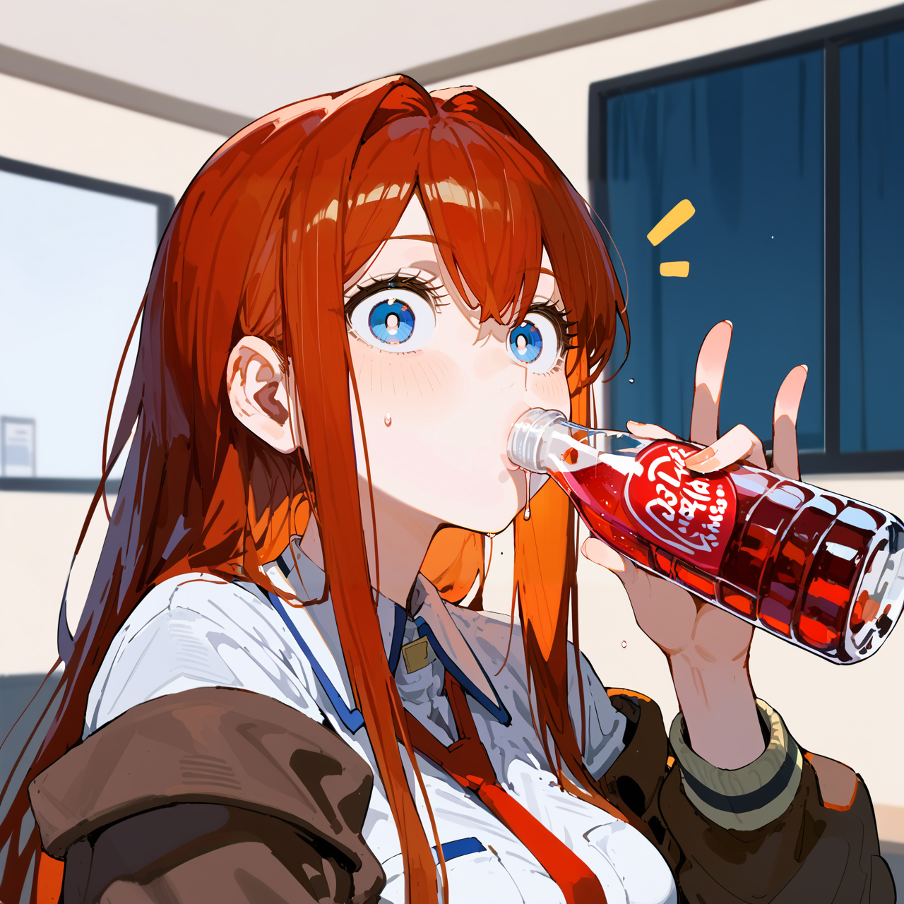 score_9, score_8_up, score_7_up, score_6_up, score_5_up, score_4_up, source_anime, 
1girl, kuristina1:1.3,
portrait, close up, zoomed in, drinking soda, soda bottle, dr pepper bottle, holding soda bottle, dr pepper,
long auburn hair, 
dark blue eyes, white pupils, looking at viewer, surprised,
indoors, bedroom, simple background <lora:44444 9000 steps makise:1.3>