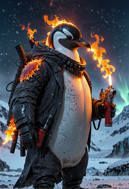 Penguin with Flamethrower: "A penguin in 8k HD, suited in Arctic combat gear, wielding a flamethrower. The background is a frozen tundra with glaciers and the northern lights in the sky." <lora:EpicF4nta5yXL:0.8>