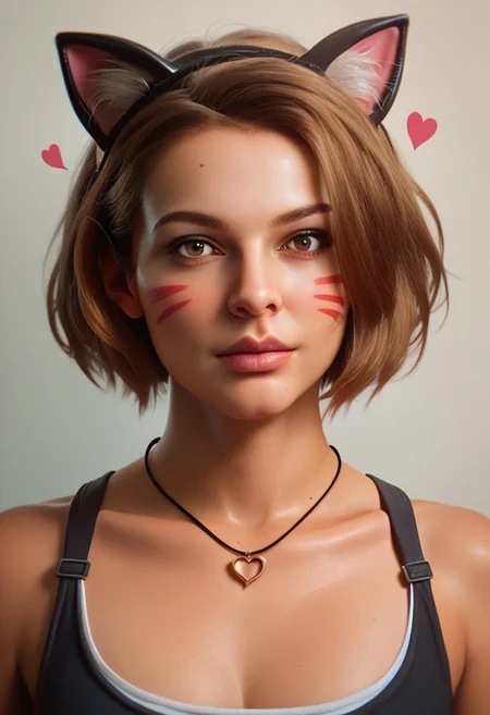 score_9, score_8_up, score_7_up, score_6_up, JillValentine,
1girl, solo, looking at viewer, short hair, brown hair, animal ears, brown eyes, jewelry, upper body, heart, cat ears, necklace, lips, fake animal ears, facial mark, realistic, facepaint, whiskers