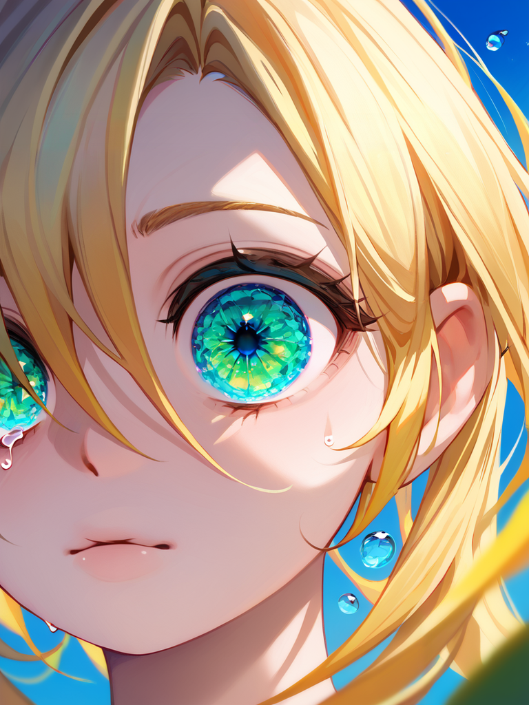 PDXL, <lora:OpalEyesV1Pony:1>, opal_eyes, 1girl, cute face, detailed eyes, long yellow hair, glowing  eyes, close-up, crying