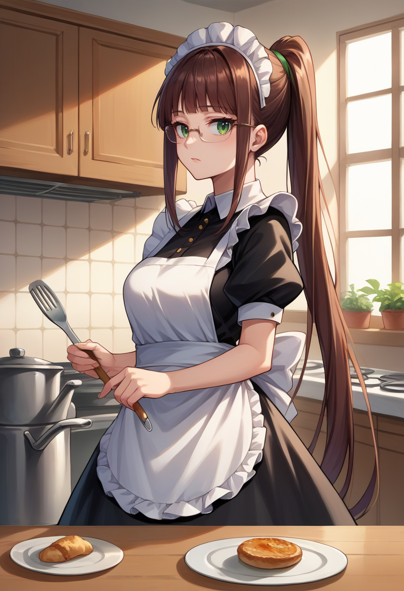 score_9, score_8_up, source_anime, 1girl, RuriMiyamoto, brown hair, bangs, very long hair, ponytail, green eyes, glasses, maid, maid headdress, maid apron, kitchen, <lora:ChamRuriMiyamotoPonyXL:1>