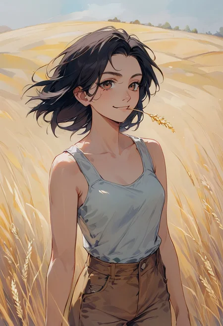score_9, score_8_up, score_8, high detail, perfect eyes, ExpressiveH, summer, a woman walking through a wheat field 
BREAK, 1girl, 28 year old girl, cute, sexy freckles, brown eyes, medium round breasts, short wavy black hair, black hair, brown eyes, smug smile, brown cargo pants loose tank top, no bra, cowboy straw heat, blade of wheat in mouth
 BREAK, cowboy shot,
