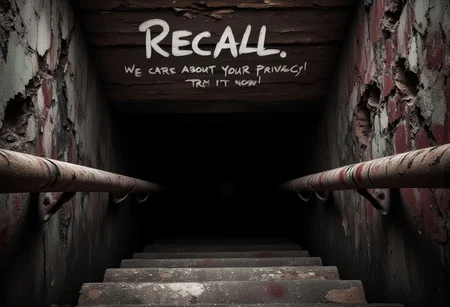 A dilapidated creepy staircase leading down to a pitch black basement, old crumbling brick walls, bloodstains, the words "Recall. We care about your privacy! Try it now!" are spray-painted right above the basement entrance, eerie atmosphere,
Realistic, best quality, 4k, masterpiece, viewed from upstairs,