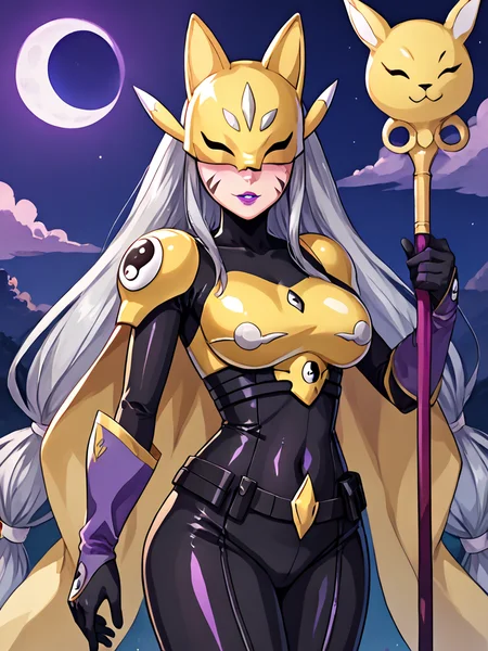 score_9, score_8_up, score_7_up, volumetric lighting, sakuyamon, a cartoon character holding a stick and a sword, 1girl, solo, blush, smile, large breasts, twintails, very long hair, grey hair, cowboy shot, parted lips, sky, black gloves, belt, cape, armor, covered navel, makeup, night, facial mark, lipstick, skin tight, full moon, shiny clothes, holding staff, black bodysuit, fox mask, covered eyes, yin yang, purple lips, covered collarbone, digimon creature, <lora:digimon_pony_v1_mx:0.9>