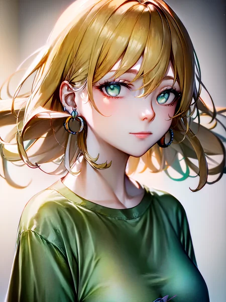 1girl, aqua eyes, baseball cap, blonde hair, closed mouth, earrings, green background, hat, hoop earrings, jewelry, looking at viewer, shirt, short hair, simple background, solo, upper body, yellow shirt,
(waifu, anime, exceptional, best aesthetic, new, newest, best quality, masterpiece, extremely detailed:1.2)