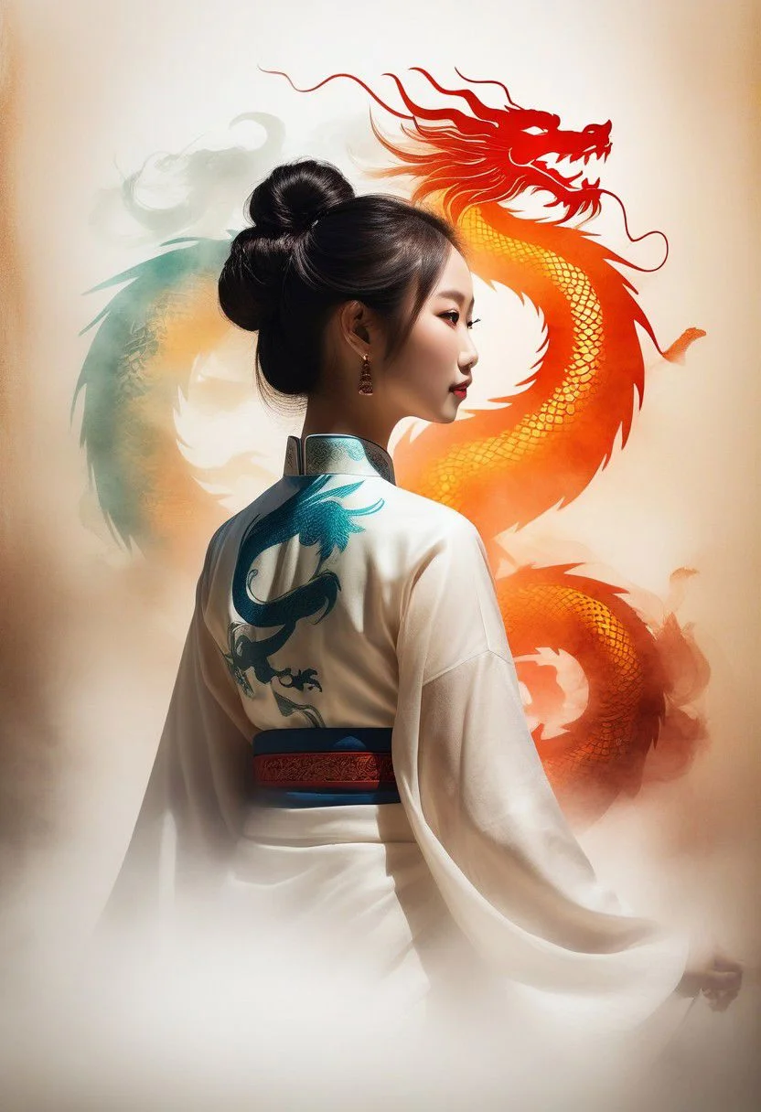 Double Exposure Style,Volumetric Lighting,a girl with Wrap top,arching her back,Traditional Attire,Artistic Calligraphy and Ink,light depth,dramatic atmospheric lighting,Volumetric Lighting,double image ghost effect,image combination,double exposure style, background lightly brushed with the image of a Chinese dragon