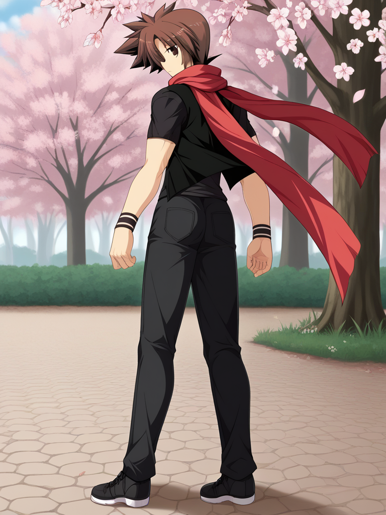 1boy, solo, reijilokiEXAEXSFA, brown hair, spiked hair, brown eyes, t-shirt, vest, wristband, pants, scarf, shoes, outdoors, sakura, cherry blossoms, falling petals, from behind, looking back, standing, full body,