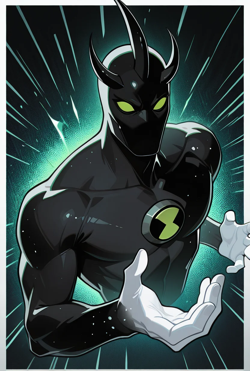 <lora:alienx-09:1> alienx, 1boy, green eyes, horns, matte black skin, upper body, dynamic pose, white hands, wide face,, masterpiece, best quality, amazing quality, very aesthetic, absurdres, newest,, upper body, halftone effect, white borders, abstract background:1.2,