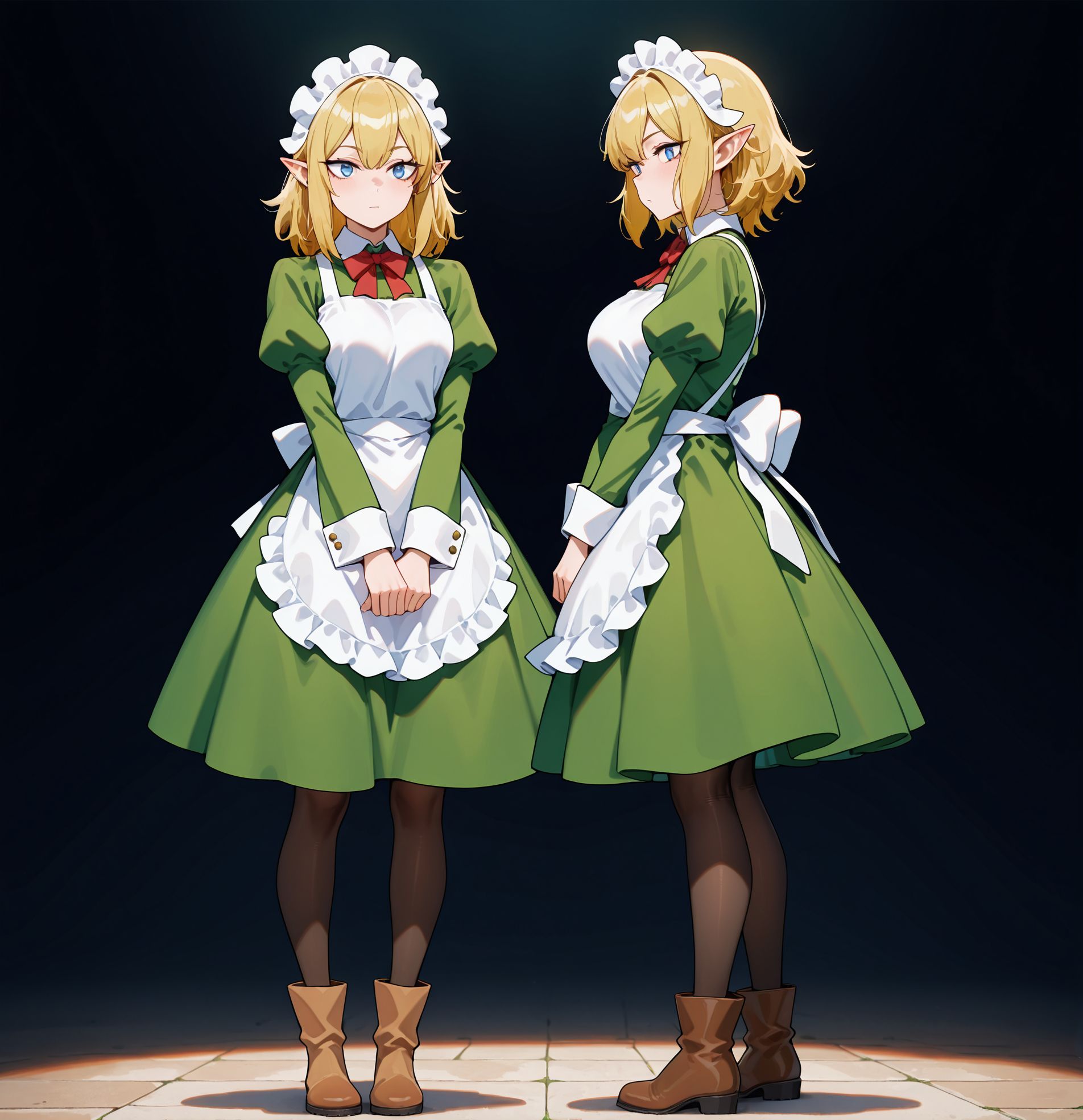 masterpiece,best quality,amazing quality,very aesthetic,absurdres,newest, huge filesize,
<lora:spo_sdxl_10ep_4k-data_lora_webui:0.5>,
<lora:add-detail-xl:1>
<lora:DANMACHI_V2:1>
danmachiV2,
maid headdress,maid,blue eyes,
blonde hair,pantyhose,
apron,pointy ears,red bow, 
dress,elf,boots,
green dress,full body,
simple background,
brown footwear,medium hair,
maid apron,juliet sleeves,
d_ryuu,