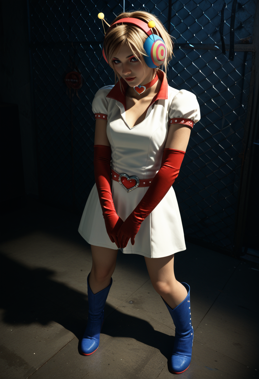 score_9, score_8_up, score_7_up,  <lora:Heather_SH3_Costume_Pony:1> puthere2feeljoy,1girl, red elbow gloves, blonde hair, headphones,white dress, skirt, heart, choker, blue boots, <lora:sh3warm:0.3> sh3warm, warm light, dappled light,  <lora:dark:0.3> dark, sexy, metal bars, chain-link fence, rust, makeup, cute