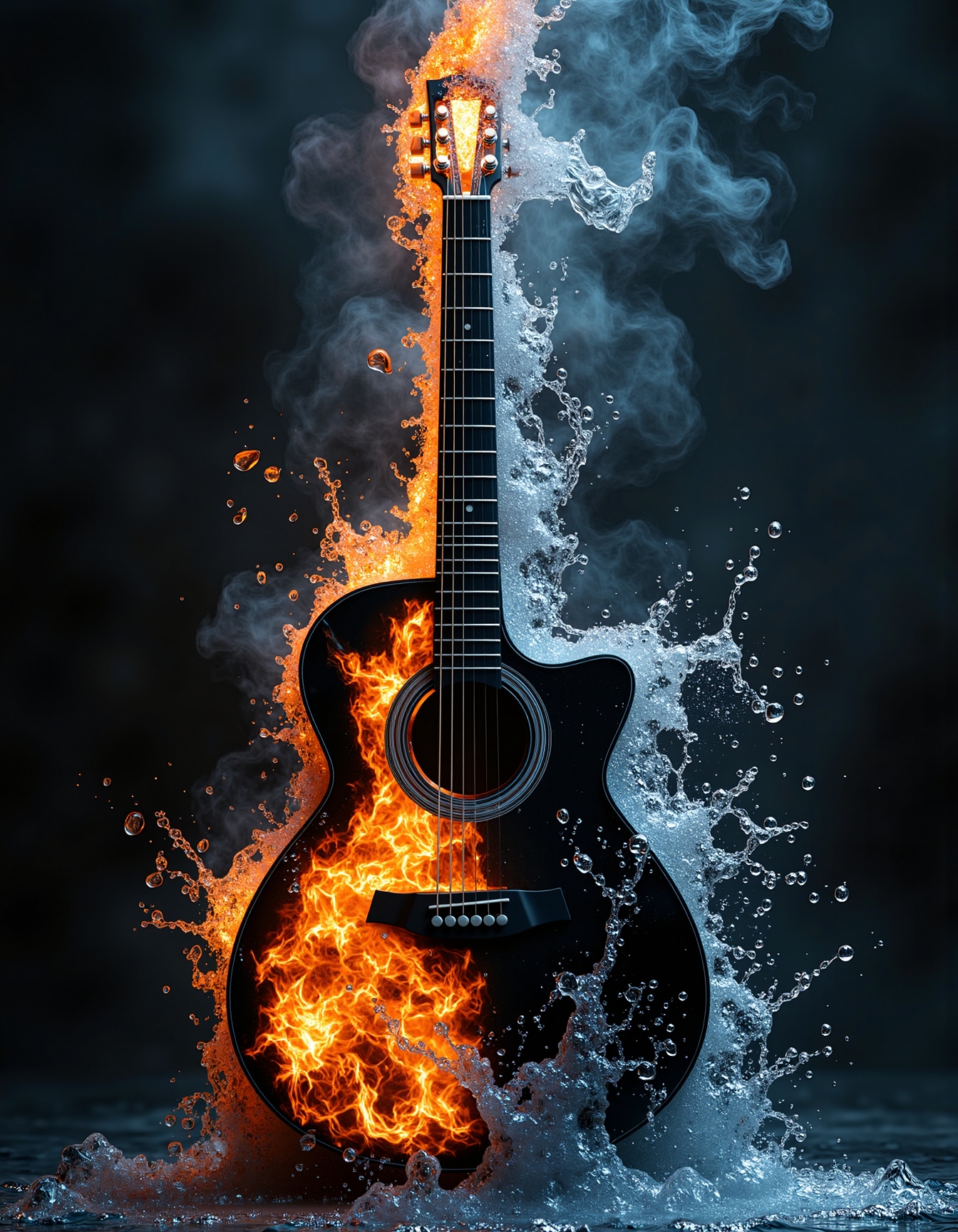 aidmamj6.1, 
A hyperrealistic black acoustic guitar stands as a perfect balance between two opposing forces, its body seamlessly divided into elemental extremes—one side engulfed in roaring flames with vibrant orange embers spiraling into the void, while the other is consumed by an explosion of crystalline water, suspended droplets glistening in mid-air. The strings vibrate as if resonating with the clash of elements, their tension capturing the equilibrium between fire’s chaotic dance and water’s fluid serenity. Wisps of smoke rise from the fiery half, curling into ephemeral shapes, while the water splashes in an intricate fractal motion, each droplet reflecting a distorted reality of this surreal musical battlefield.
 <lora:aidmaMJ6.1-FLUX-v0.5:0.6>