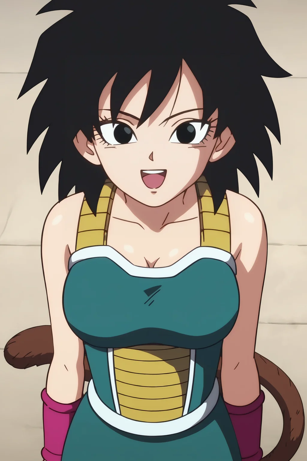 source_anime, score_9, score_8_up, score_7_up, anime screencap, absurdres,
gine, absurd res, official style, 1girl, solo, breasts, looking at viewer, smile, short hair, open mouth, black hair, cleavage, bare shoulders, medium breasts, collarbone, from above, upper body, :d, teeth, green saiyan armor, black eyes, eyelashes, happy, spiked hair, pink wristband, arms at sides, monkey tail, saiyan armor, white trim, green skirt, rock
<lora:Gine_v1:0.8>