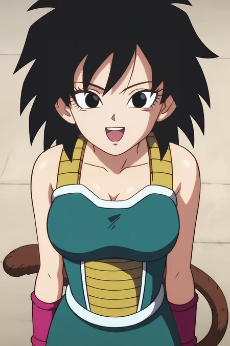 source_anime, score_9, score_8_up, score_7_up, anime screencap, absurdres,
gine, absurd res, official style, 1girl, solo, breasts, looking at viewer, smile, short hair, open mouth, black hair, cleavage, bare shoulders, medium breasts, collarbone, from above, upper body, :d, teeth, green saiyan armor, black eyes, eyelashes, happy, spiked hair, pink wristband, arms at sides, monkey tail, saiyan armor, white trim, green skirt, rock
<lora:Gine_v1:0.8>