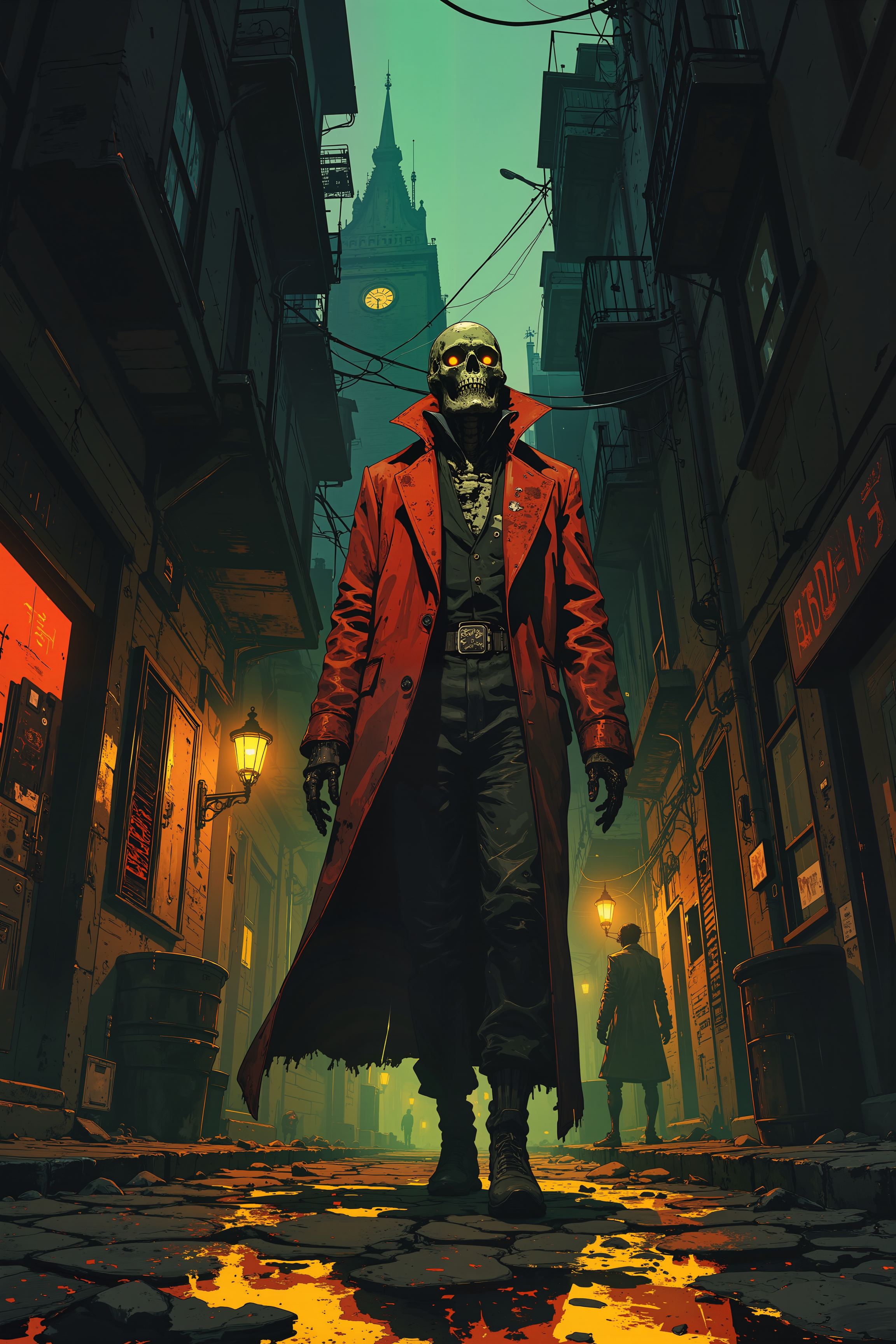 A skeletal investigator, his bones gilded with silver filigree, walks through a city where the buildings lean too close, whispering secrets in languages long forgotten. His crimson overcoat flows behind him, untouched by the thick, soupy fog that coils through the cobbled streets like living tendrils. Gas lamps flicker, struggling against the oppressive gloom, casting elongated, trembling shadows. A victim lies sprawled in an alley, her eyes removed, yet a faint glow lingers where they should be. The investigator kneels, pressing his phalangeal fingertips to the damp stone, feeling the echo of somethingâ**not quite a soul, but something closeâ**still lingering in the air. Footsteps sound behind him, slow and deliberate, though no one is there when he turns. Above, in a window where no light should be, a single figure watches, its face shifting like melted wax. The city is alive, and it does not like being investigated. , detailed background  Fantastic lighting. Detailed shadows.intricate details, vivid colors, hyper-detailed, ultra-sharp, , ,in the style of cksc,anime, cyberpunk, DB4RZ, DB4RZ style painting <lora:CPA:0.5><lora:FLUX-daubrez-DB4RZ:0.3><lora:Luminous_Shadowscape-000016:0.3><lora:ck-shadow-circuit-000021:0.35>