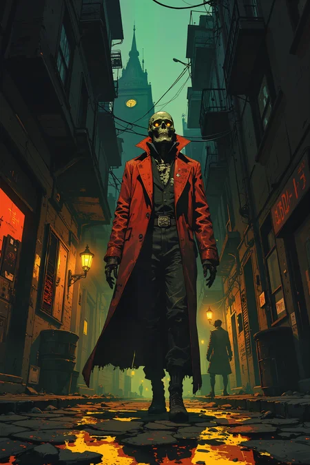 A skeletal investigator, his bones gilded with silver filigree, walks through a city where the buildings lean too close, whispering secrets in languages long forgotten. His crimson overcoat flows behind him, untouched by the thick, soupy fog that coils through the cobbled streets like living tendrils. Gas lamps flicker, struggling against the oppressive gloom, casting elongated, trembling shadows. A victim lies sprawled in an alley, her eyes removed, yet a faint glow lingers where they should be. The investigator kneels, pressing his phalangeal fingertips to the damp stone, feeling the echo of somethingâ**not quite a soul, but something closeâ**still lingering in the air. Footsteps sound behind him, slow and deliberate, though no one is there when he turns. Above, in a window where no light should be, a single figure watches, its face shifting like melted wax. The city is alive, and it does not like being investigated. , detailed background Fantastic lighting. Detailed shadows.intricate details, vivid colors, hyper-detailed, ultra-sharp, , ,in the style of cksc,anime, cyberpunk, DB4RZ, DB4RZ style painting <lora:CPA:0.5><lora:FLUX-daubrez-DB4RZ:0.3><lora:Luminous_Shadowscape-000016:0.3><lora:ck-shadow-circuit-000021:0.35>